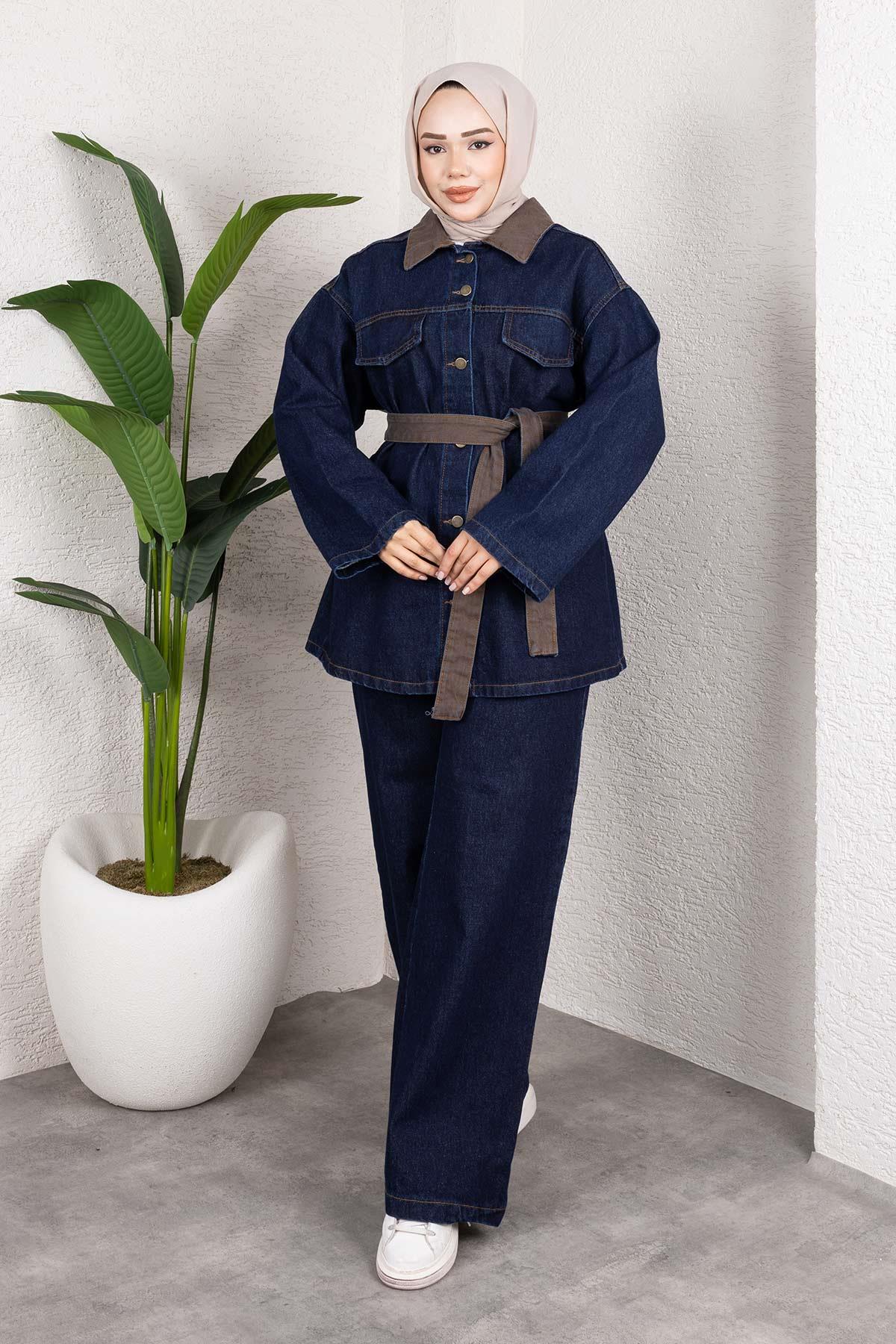 Yaka Detaylı Kot Takım Koyu Mavi