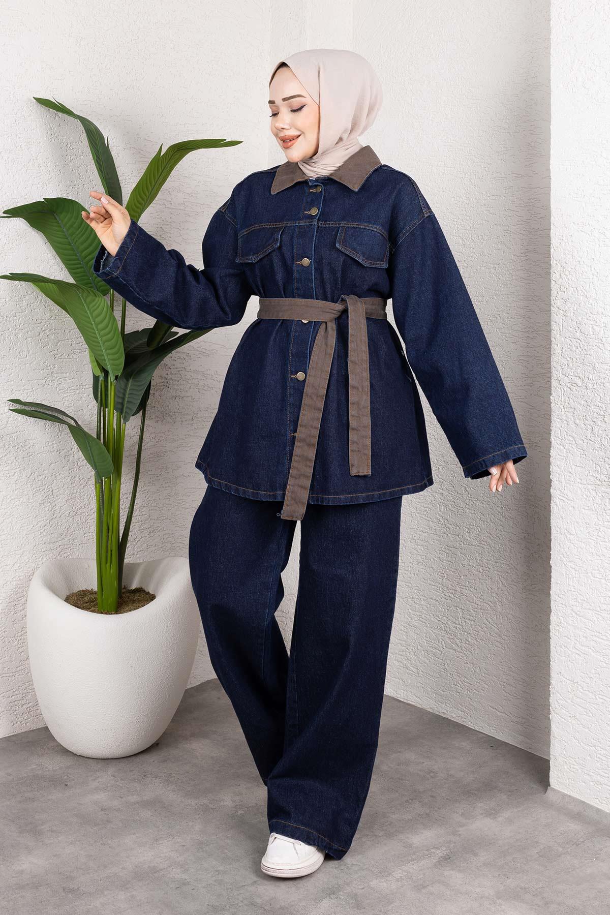 Yaka Detaylı Kot Takım Koyu Mavi