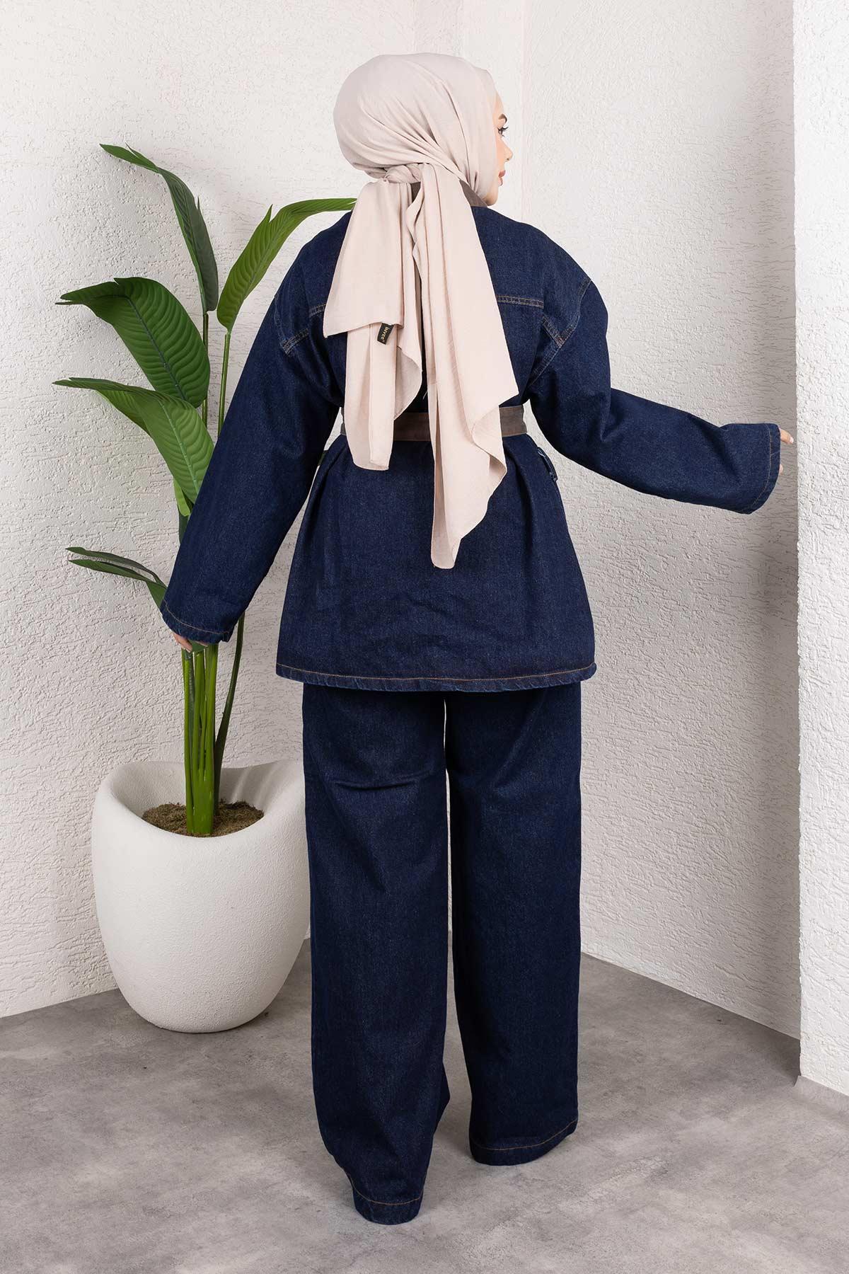 Yaka Detaylı Kot Takım Koyu Mavi
