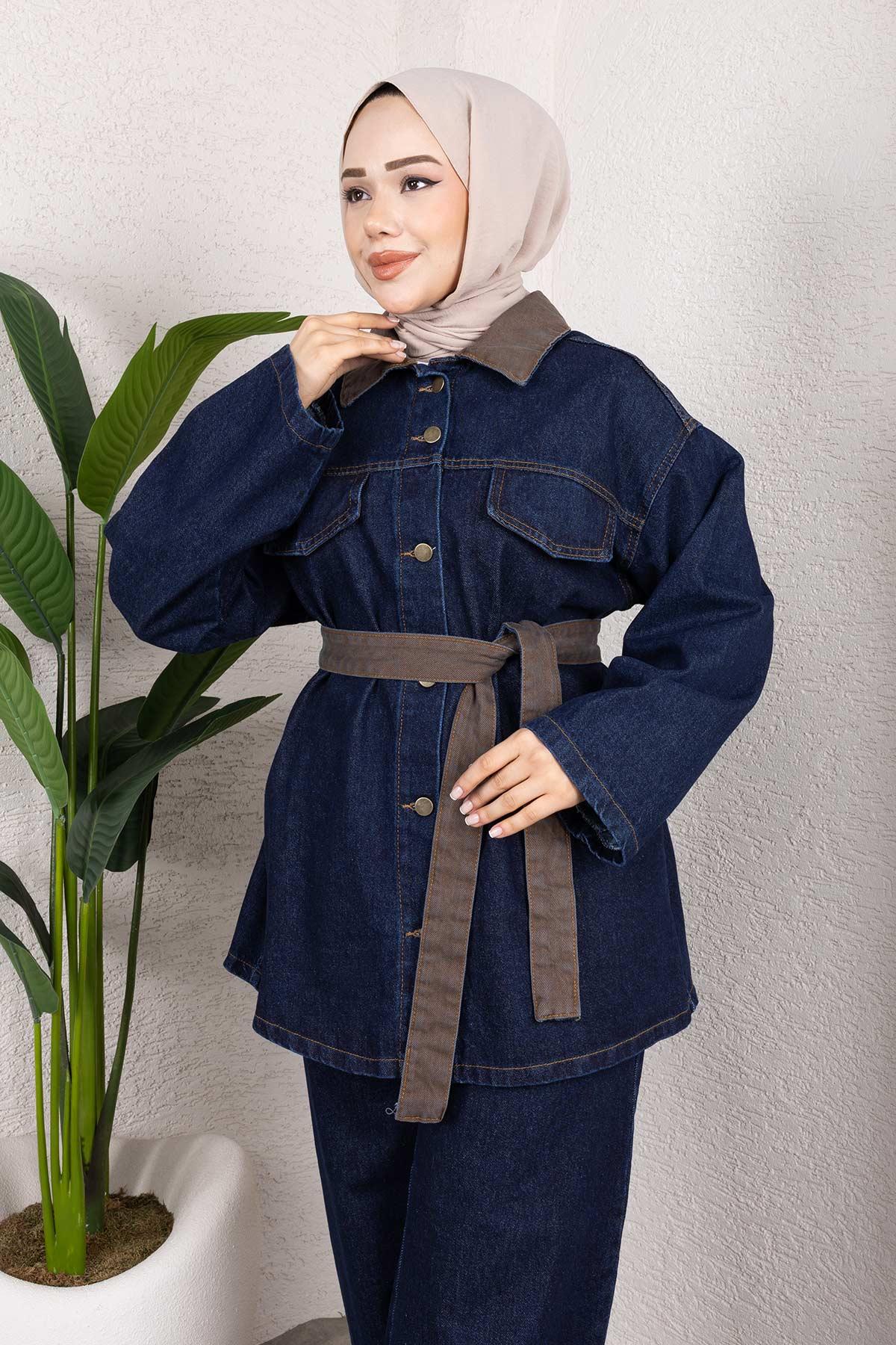 Yaka Detaylı Kot Takım Koyu Mavi