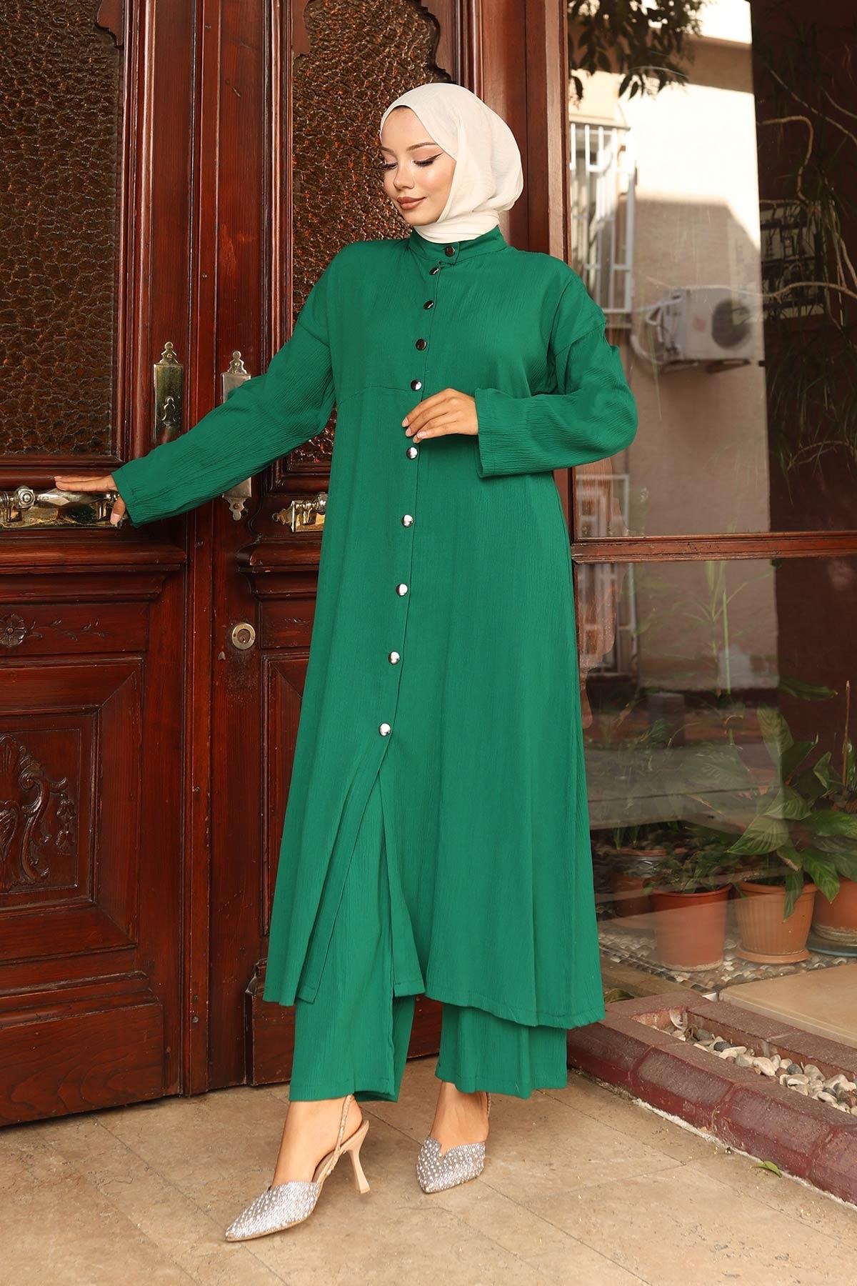 Yaka Detaylı Uzun Takım Yeşil