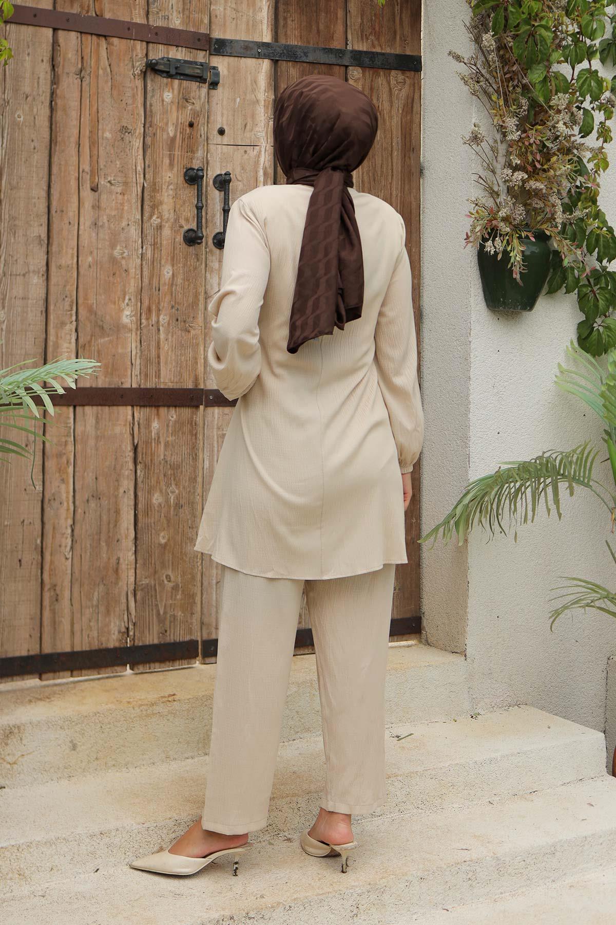 Yandan Bağlamalı Tesettür Bej Takım 