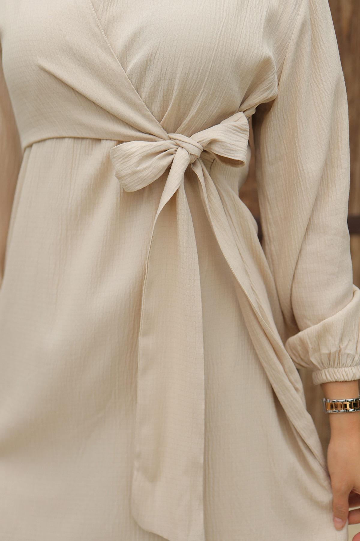 Yandan Bağlamalı Tesettür Bej Takım 