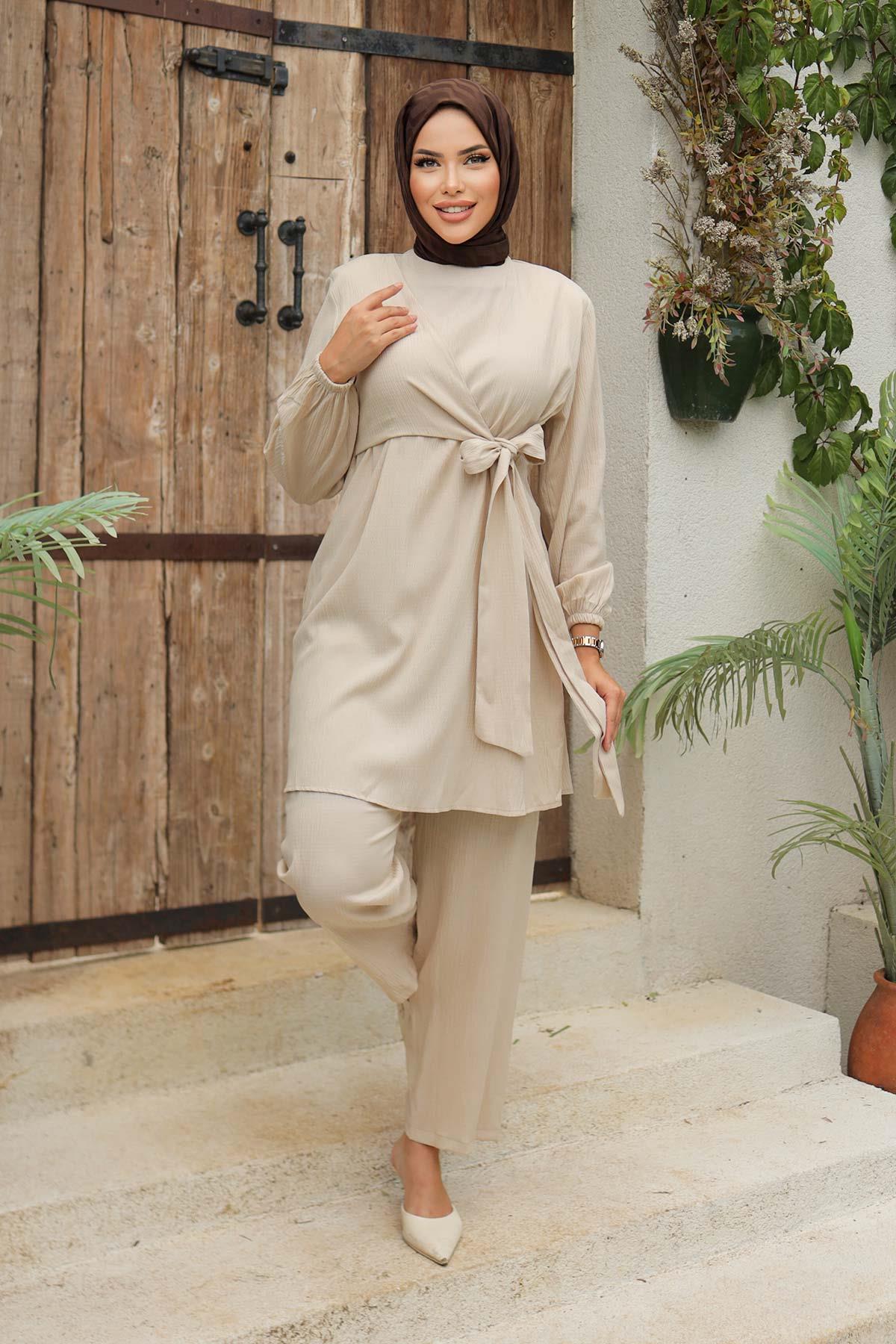 Yandan Bağlamalı Tesettür Bej Takım 