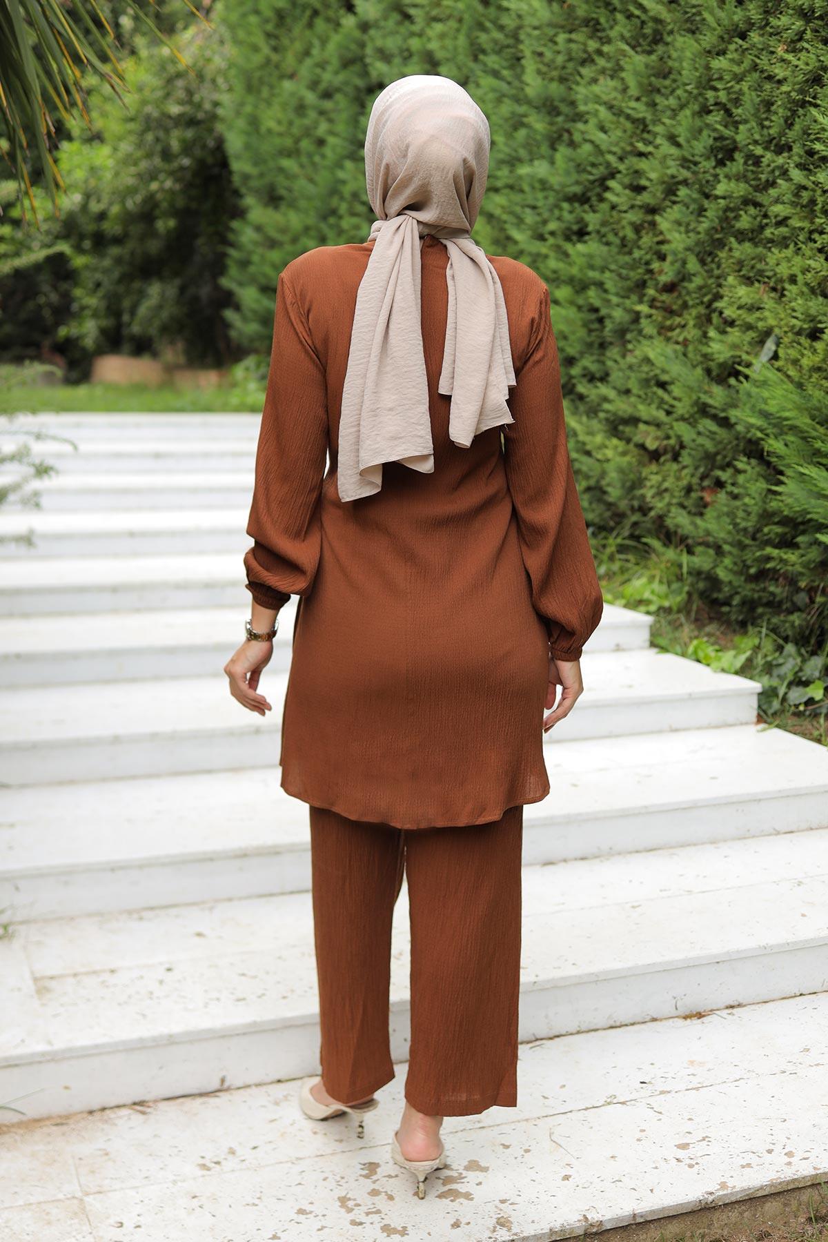 Yandan Bağlamalı Tesettür Kahverengi Takım 