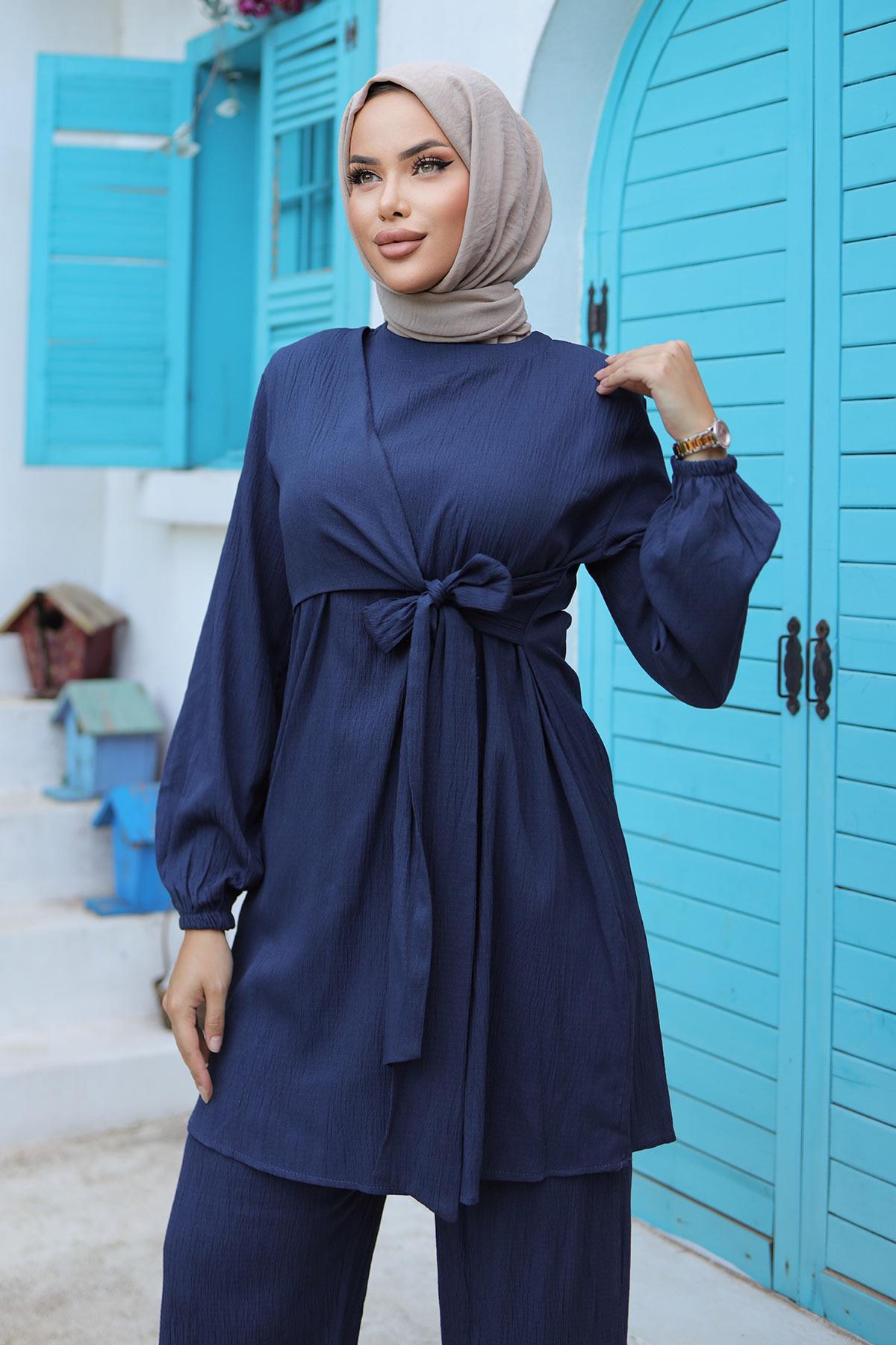 Yandan Bağlamalı Tesettür Lacivert  Takım