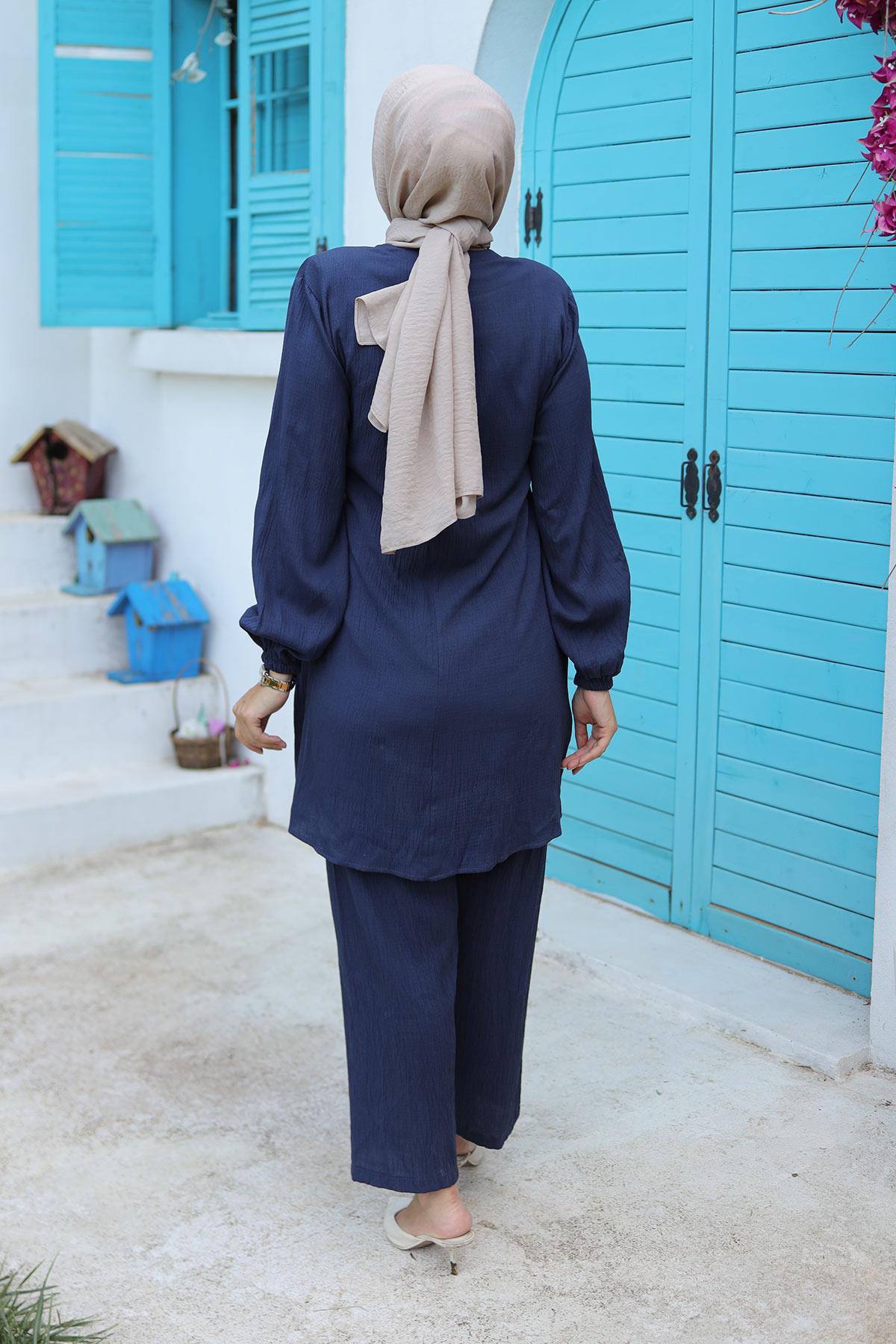 Yandan Bağlamalı Tesettür Lacivert  Takım
