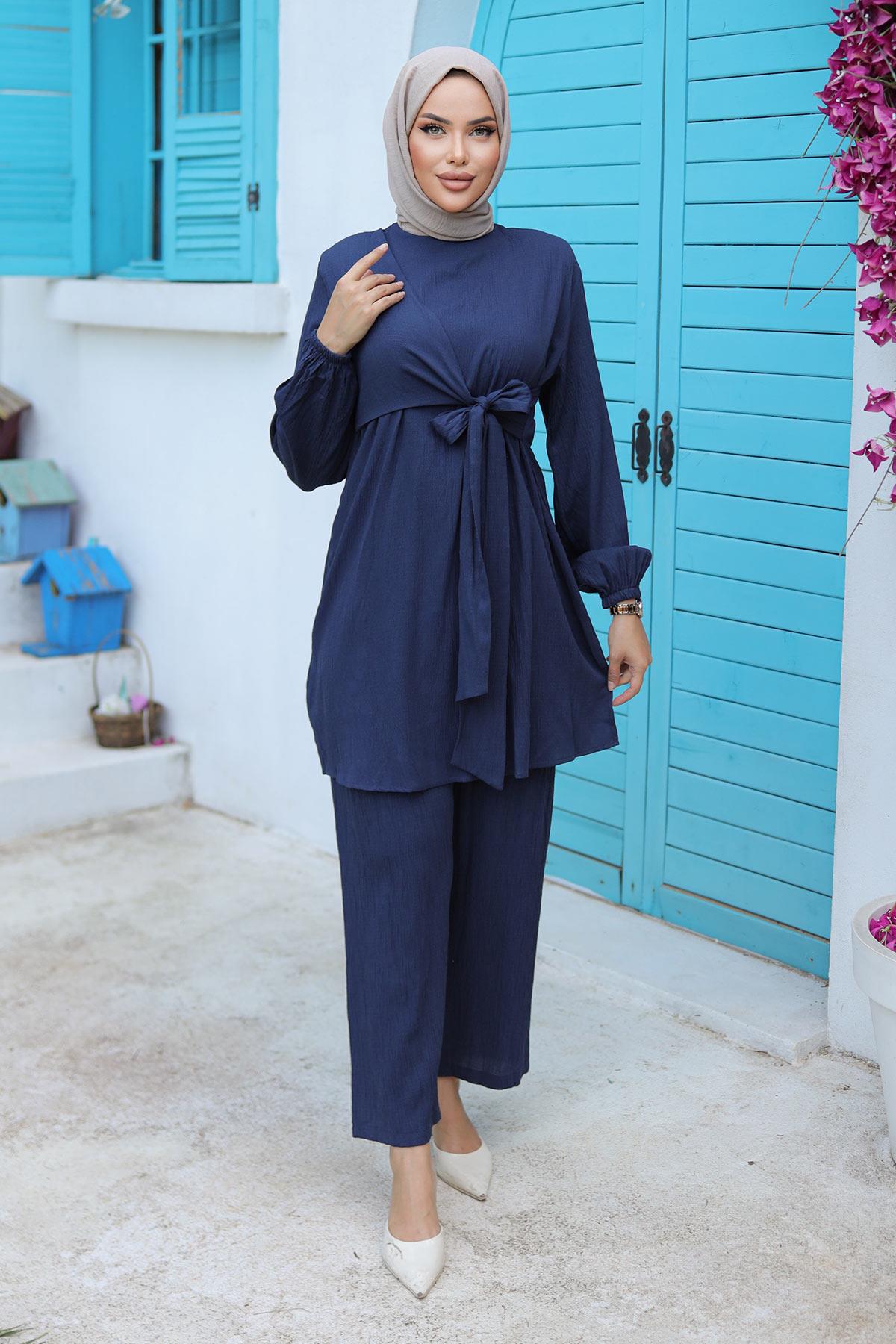 Yandan Bağlamalı Tesettür Lacivert  Takım