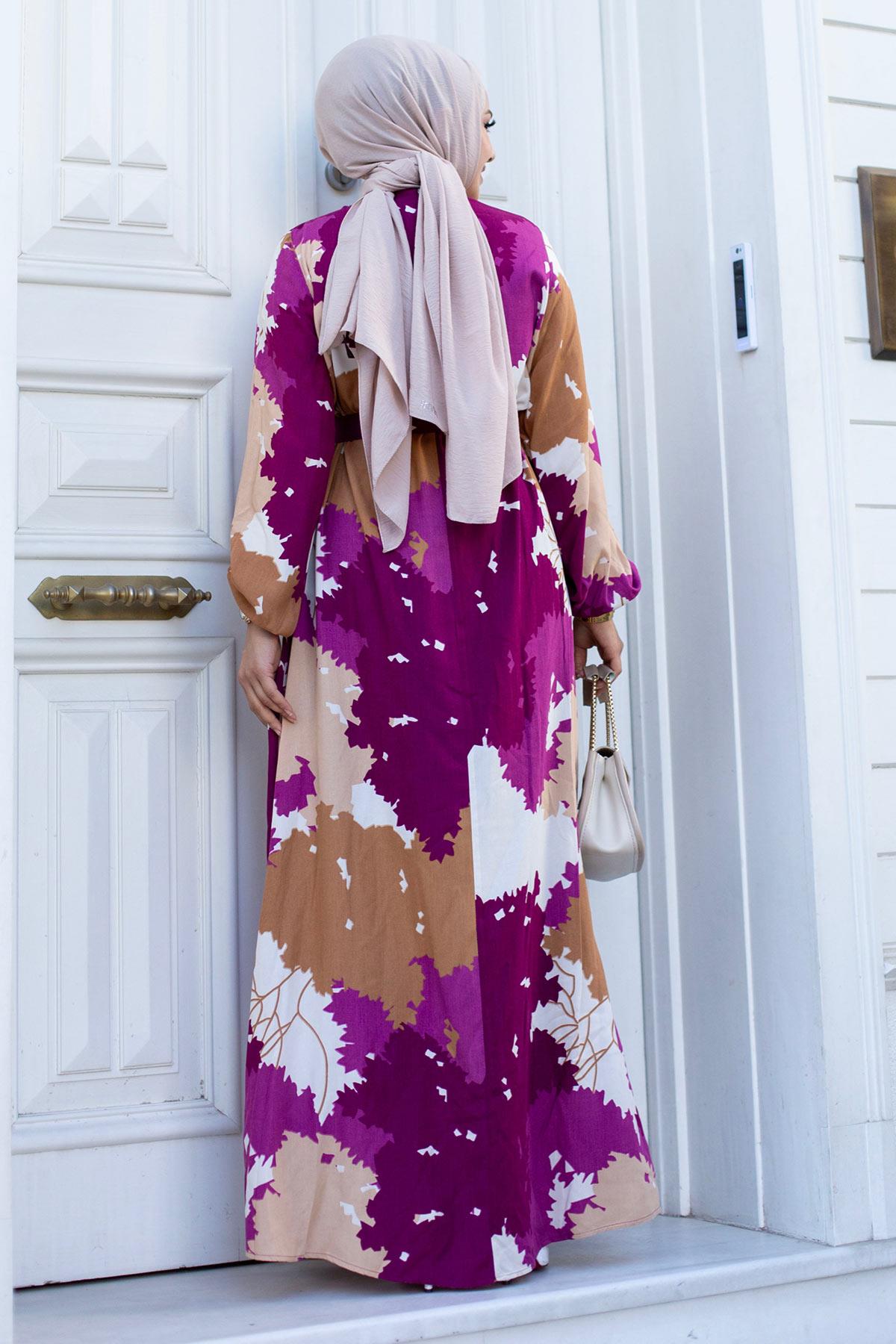 Yaprak Desenli Tesettür Fuşya Elbise