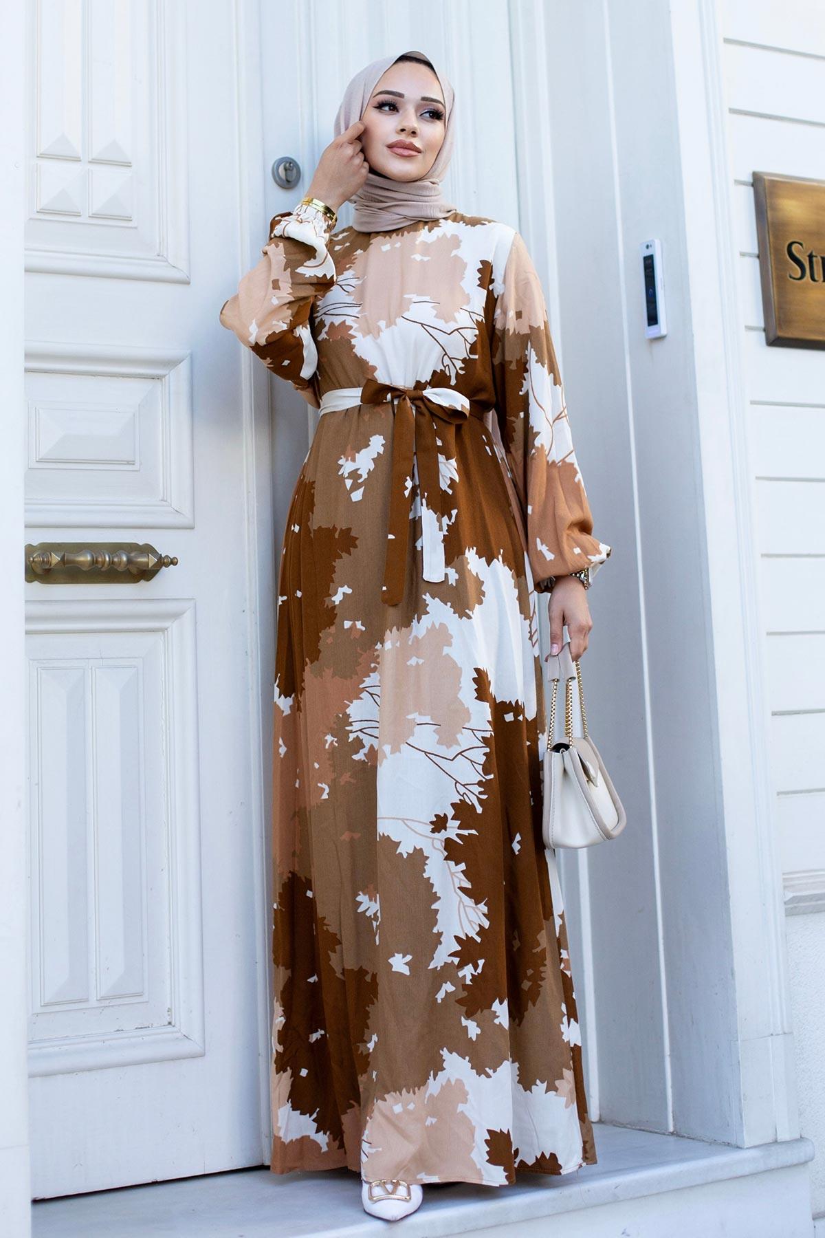 Yaprak Desenli Tesettür Kahverengi  Elbise