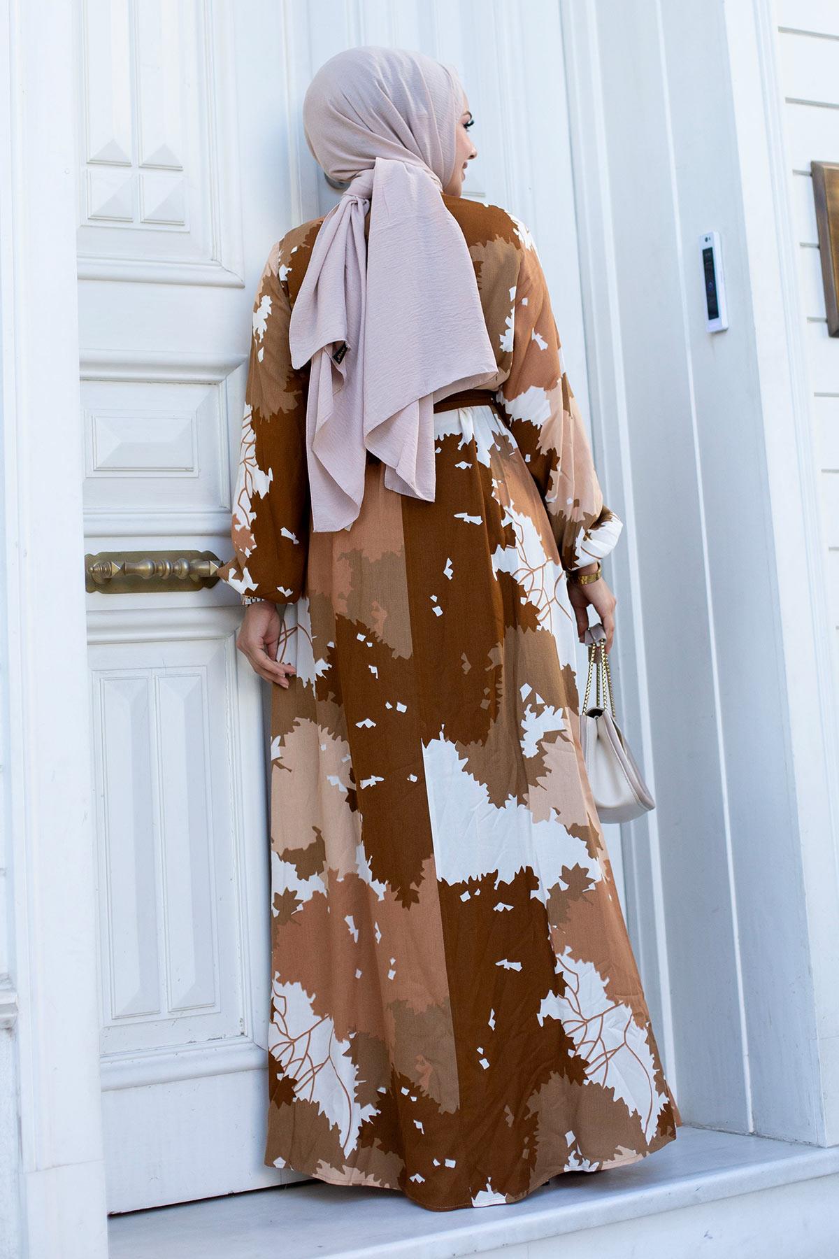 Yaprak Desenli Tesettür Kahverengi  Elbise