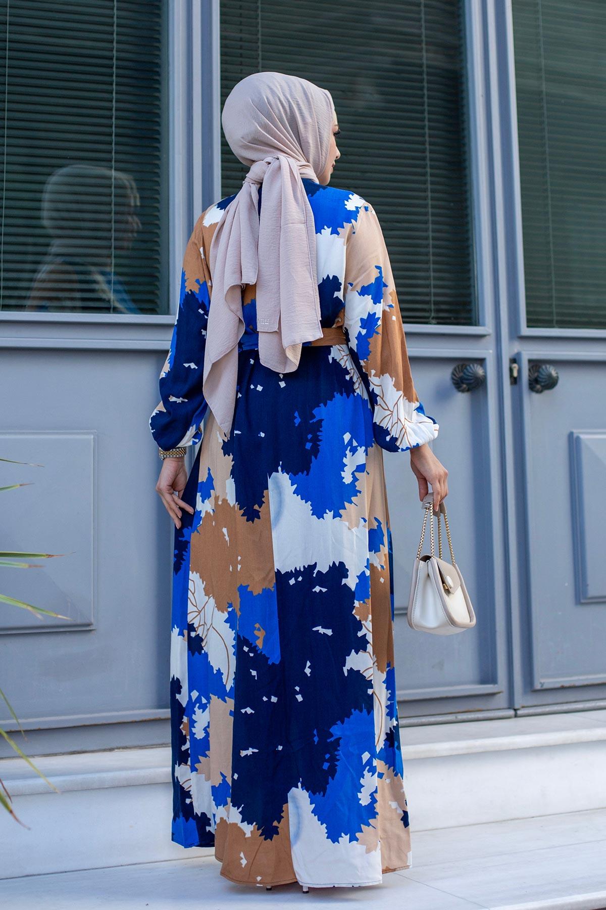 Yaprak Desenli Tesettür Saks Elbise