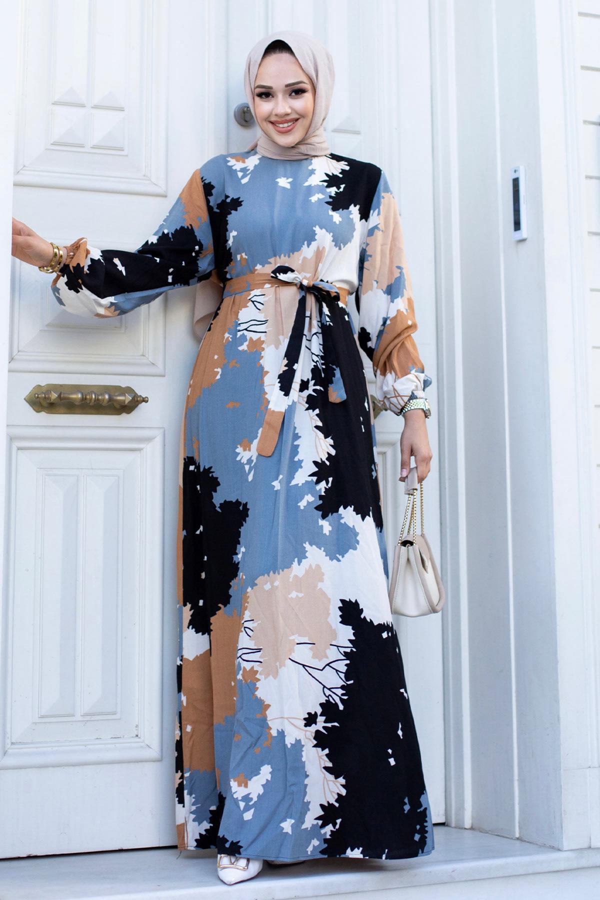 Yaprak Desenli Tesettür Siyah Elbise