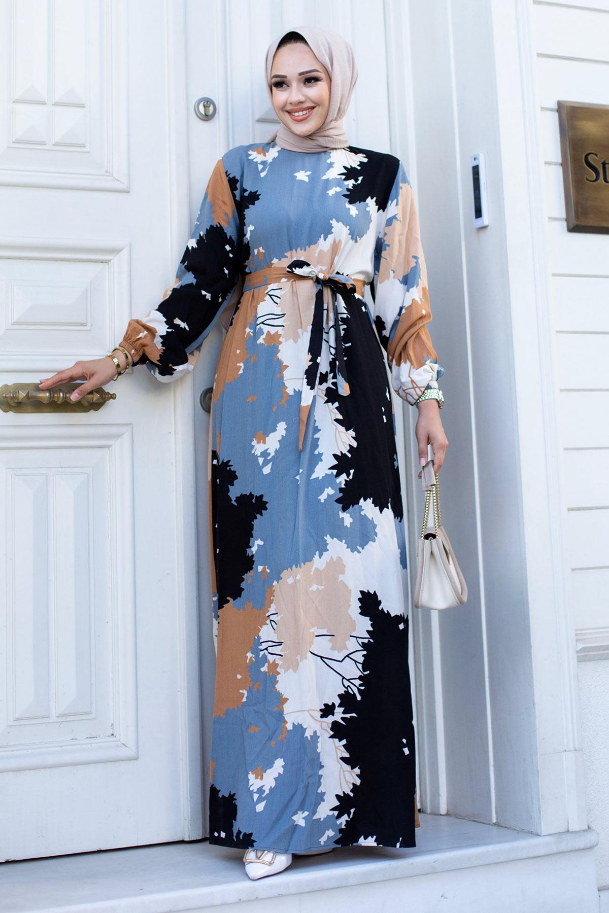 Yaprak Desenli Tesettür Siyah Elbise