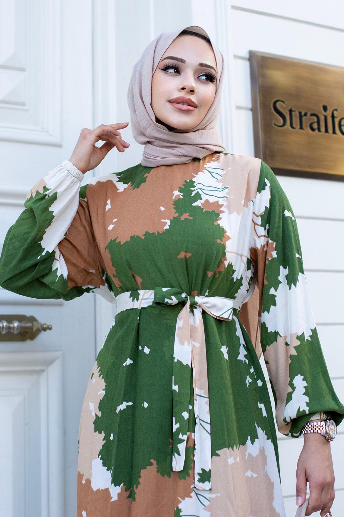 Yaprak Desenli Tesettür Yeşil Elbise