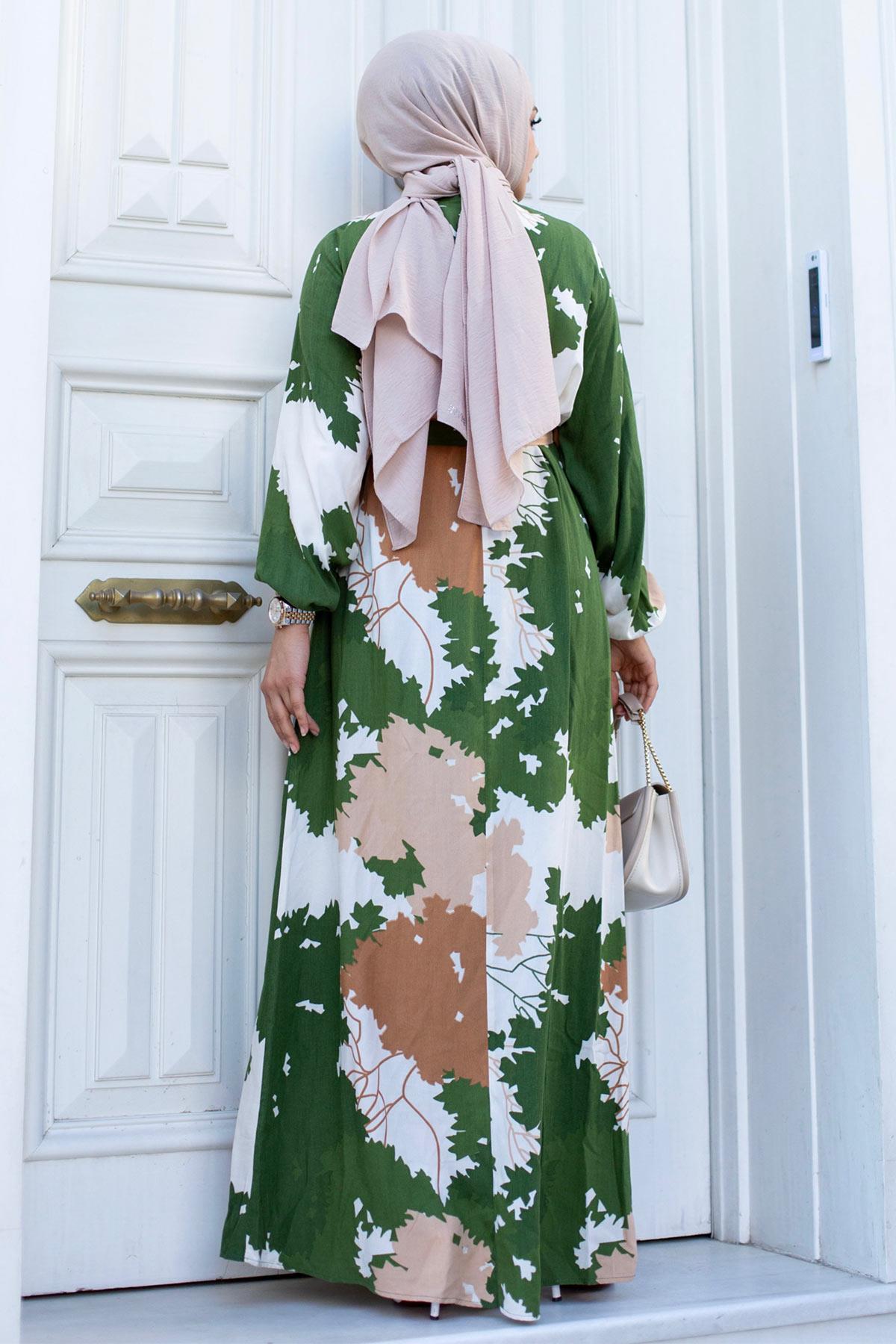 Yaprak Desenli Tesettür Yeşil Elbise