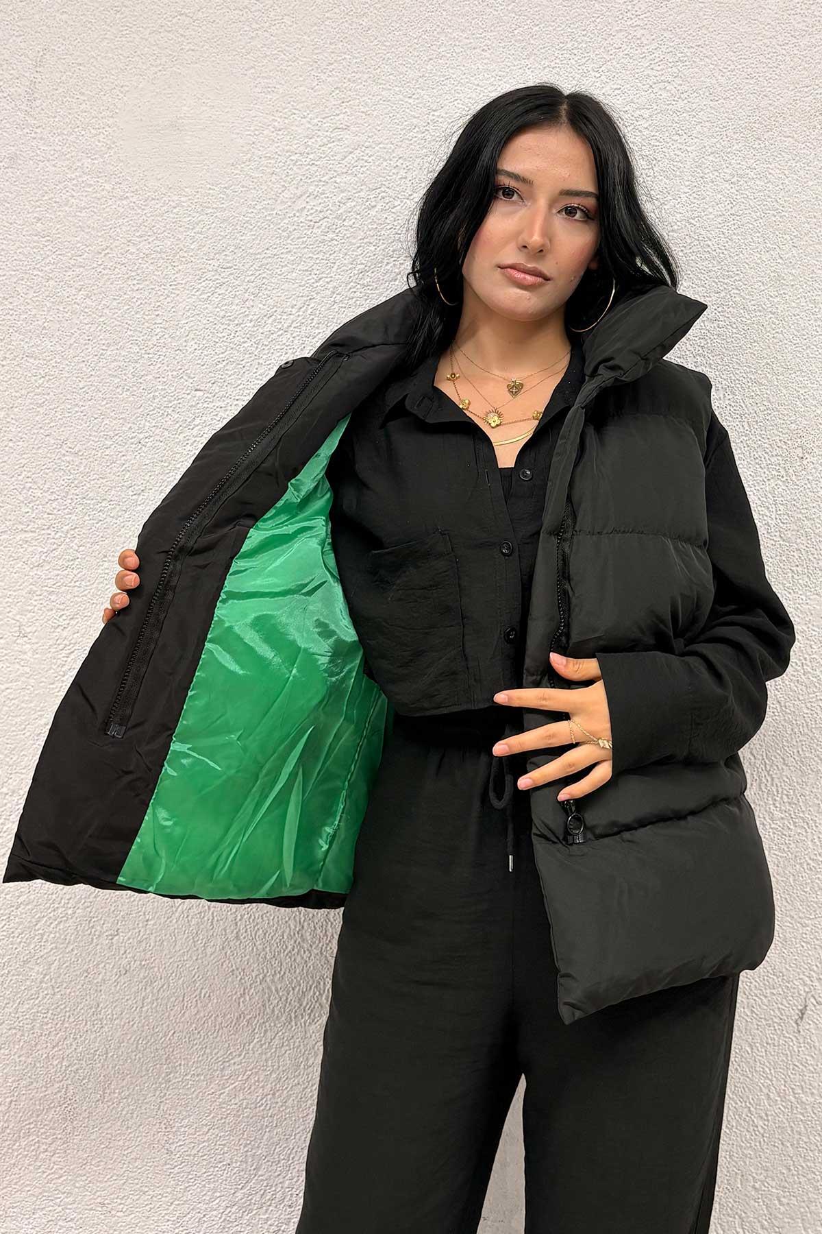 Yeşil Astarlı Siyah Şişme Yelek