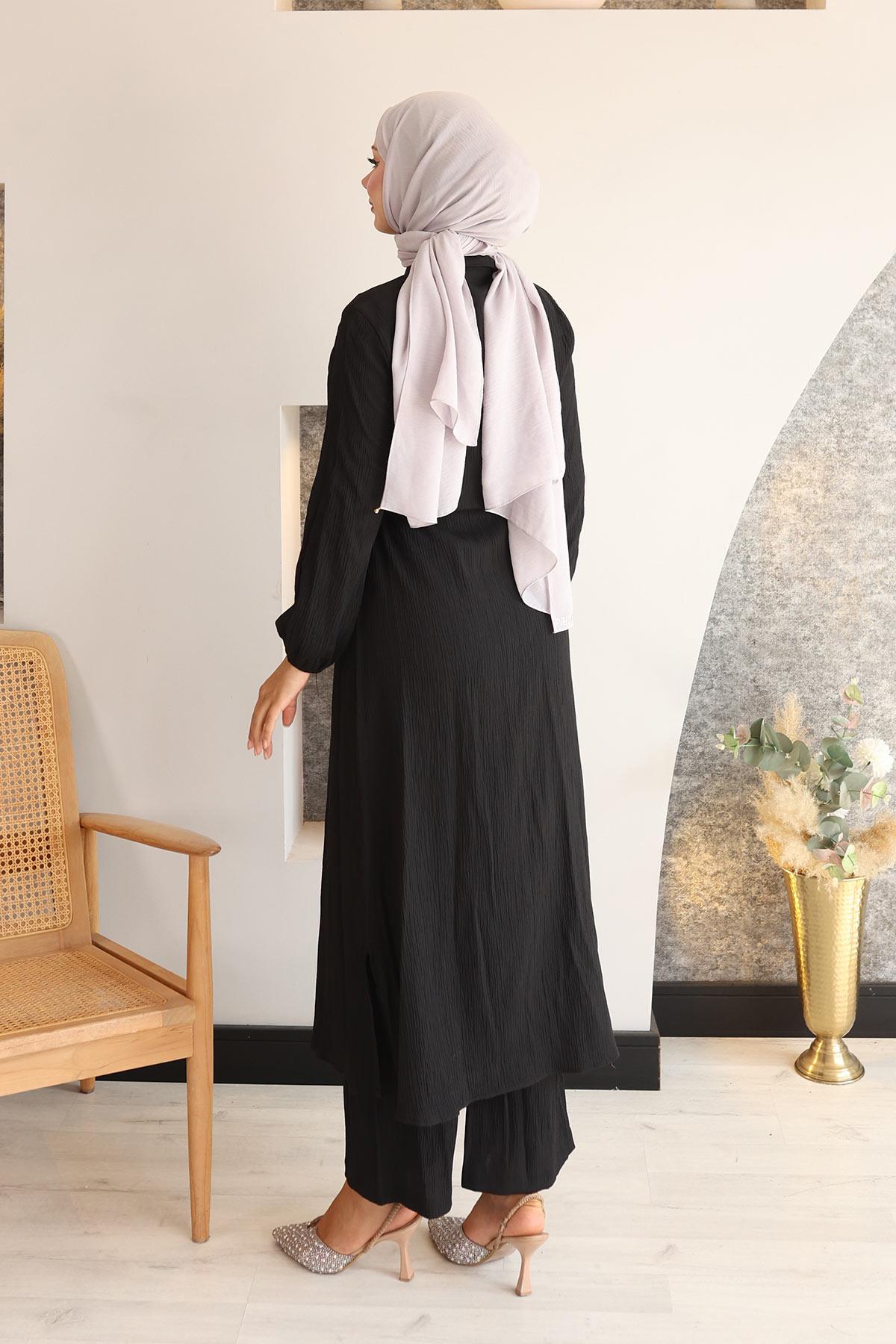 Yırtmaç Detaylı Uzun Takım Siyah