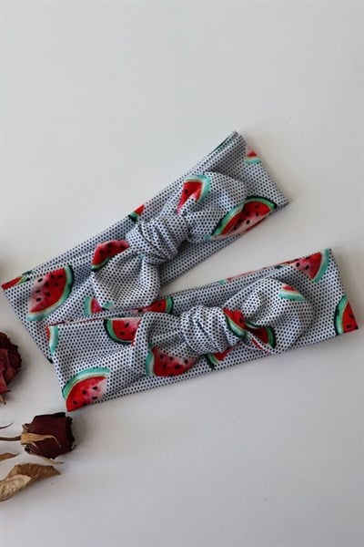 Beyaz Renkli Karpuz Desenli Bebek Tavşan Kulak Bandana
