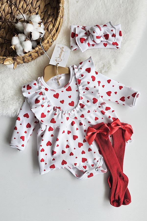 Beyaz Renkli Kırmızı Kalp Desenli Rosa Romper Özel Set