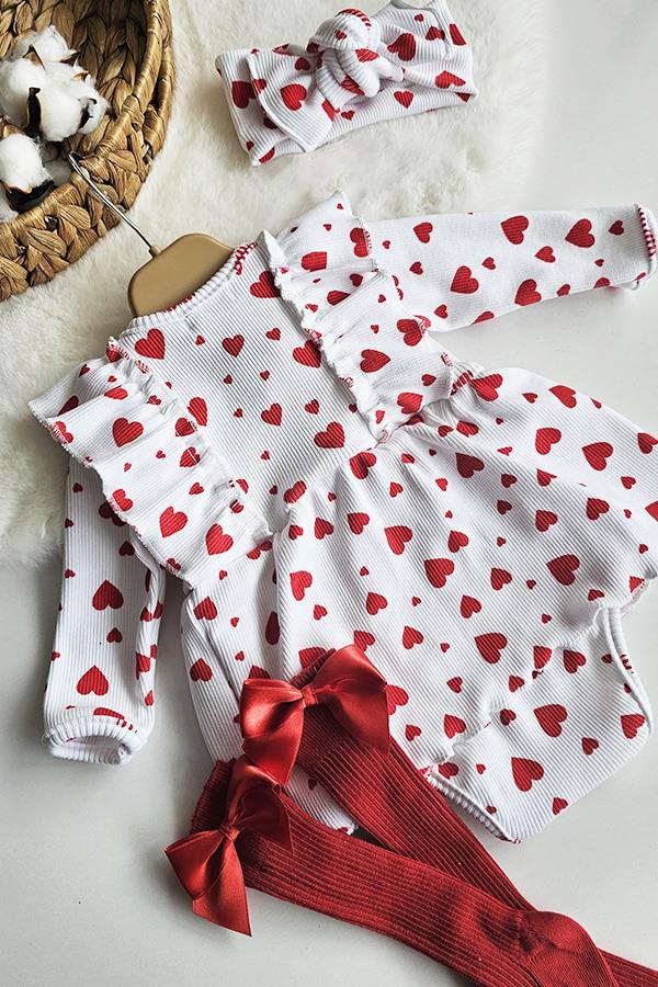 Beyaz Renkli Kırmızı Kalp Desenli Rosa Romper Özel Set