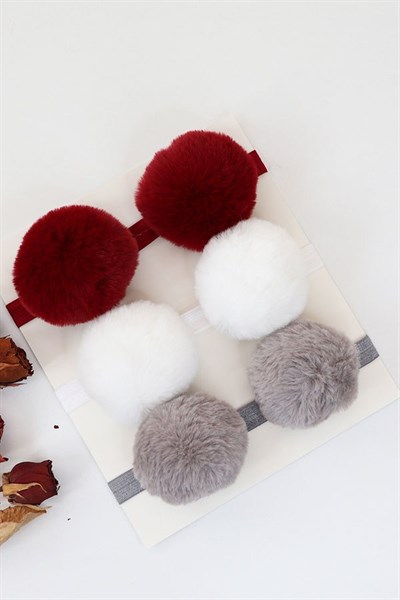 Bordo, Beyaz ve Gri Renkli Bebek Ponpon Bant Seti
