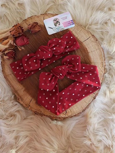 Bordo Renkli Kalp Desenli Bebek Tavşan Kulak Bandana