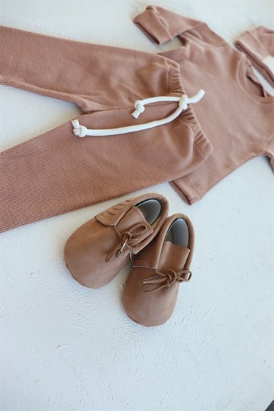 Camel Renkli Bereli Unisex Bebek Kışlık Konsept Takım