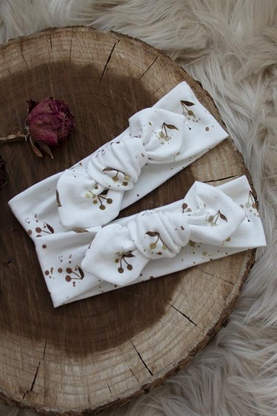Ekru Renkli Kiraz Desenli Bebek Tavşan Kulak Bandana