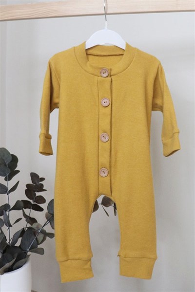 Hardal Renkli Unisex Bebek Uzun Kollu, Düğmeli Tulum