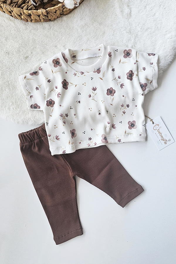 Kahve Çiçek Desenli Bandanalı Ribana Alt Üst Takım