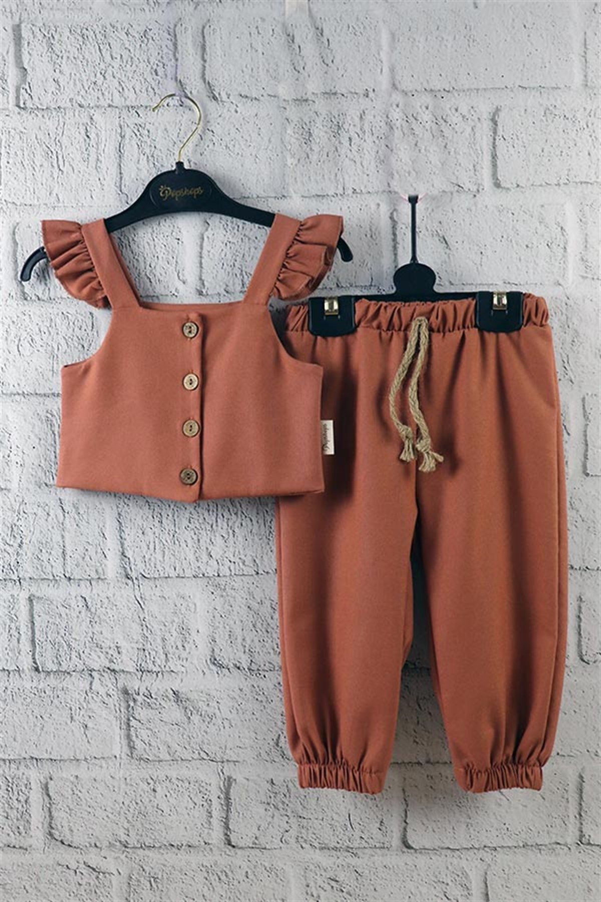 Kahve Renkli Kız Çocuk Pantolonlu Crop Takım