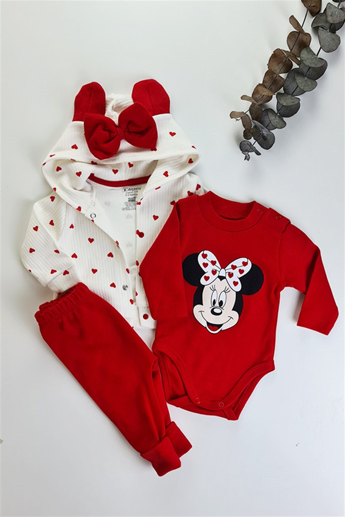 Kırmızı Kalp Desenli Mini Mouse Kız Bebek Üçlü Takım