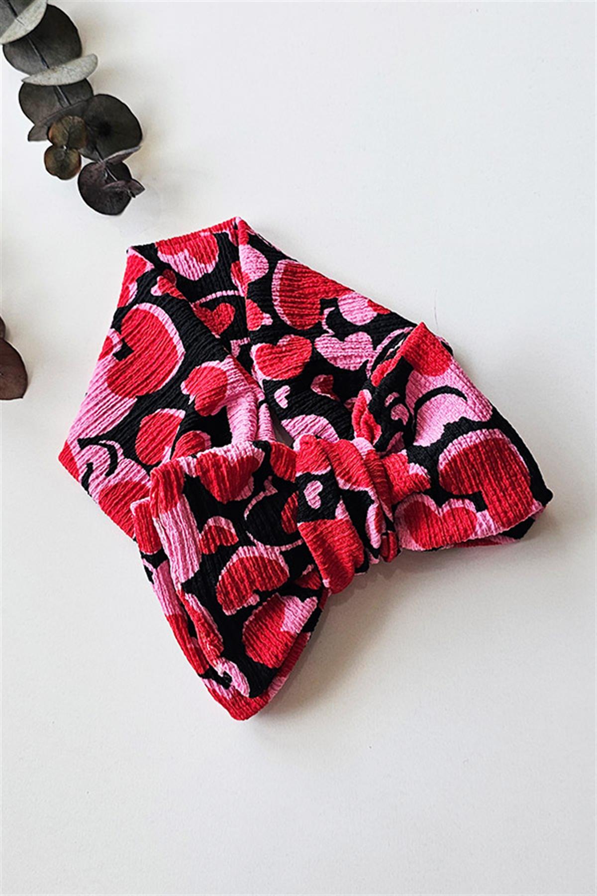 Kırmızı Pembe Kalp Desenli Bürümcük Bebek XXL Fiyonk Bandana