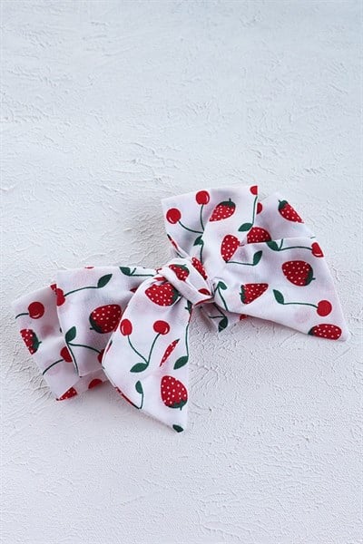 Kırmızı Renkli Çilek ve Kiraz Motifli Bebek Fiyonk Bandana