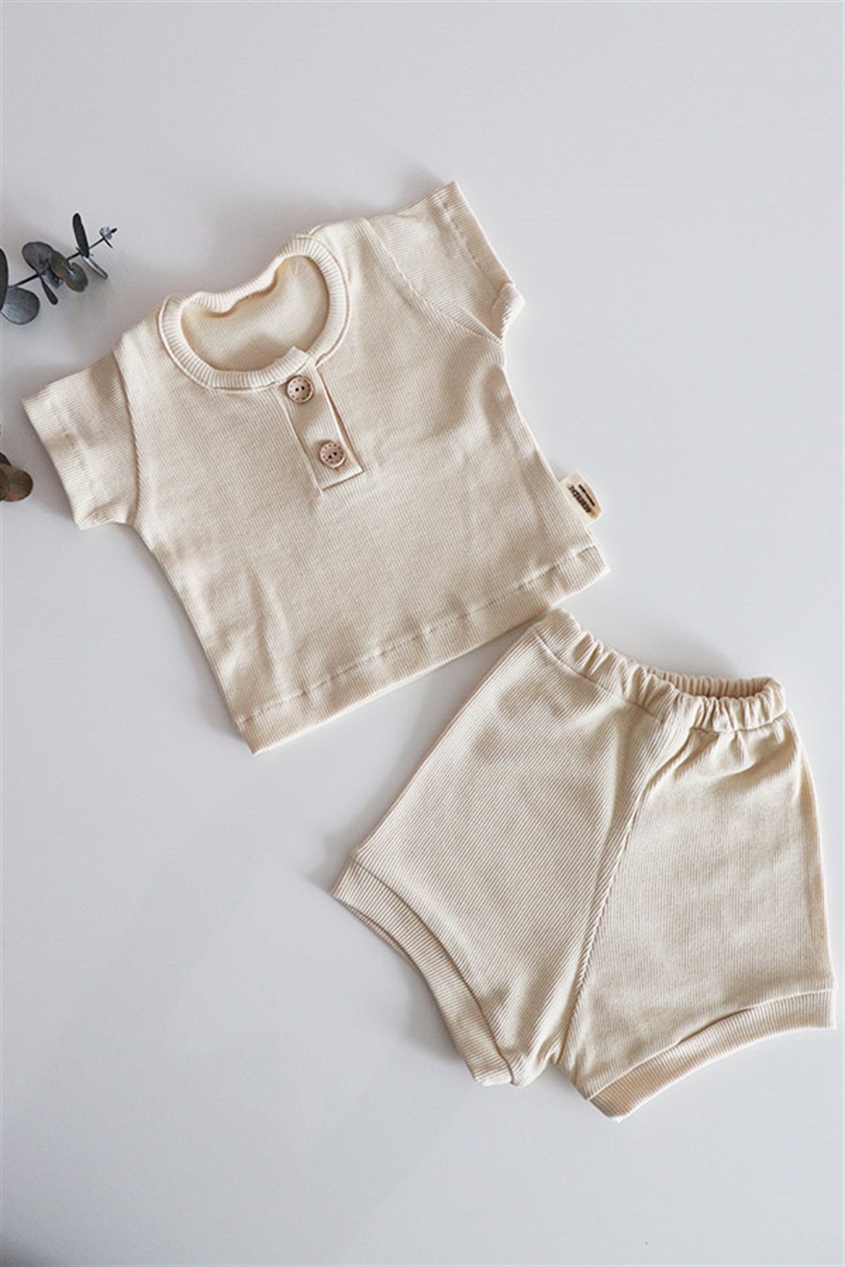 Krem Renkli Unisex Bebek Alt Üst Şortlu Takım