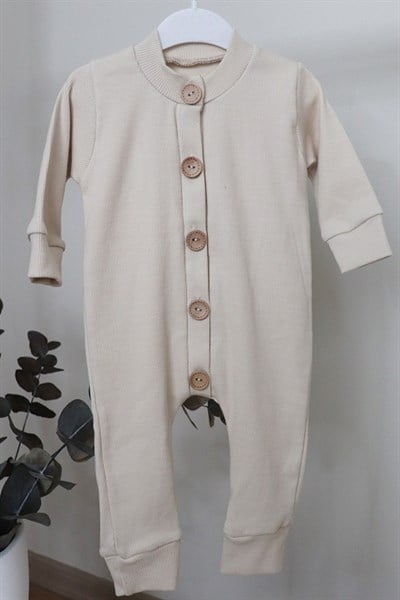 Krem Renkli Unisex Bebek Uzun Kollu, Düğmeli Tulum