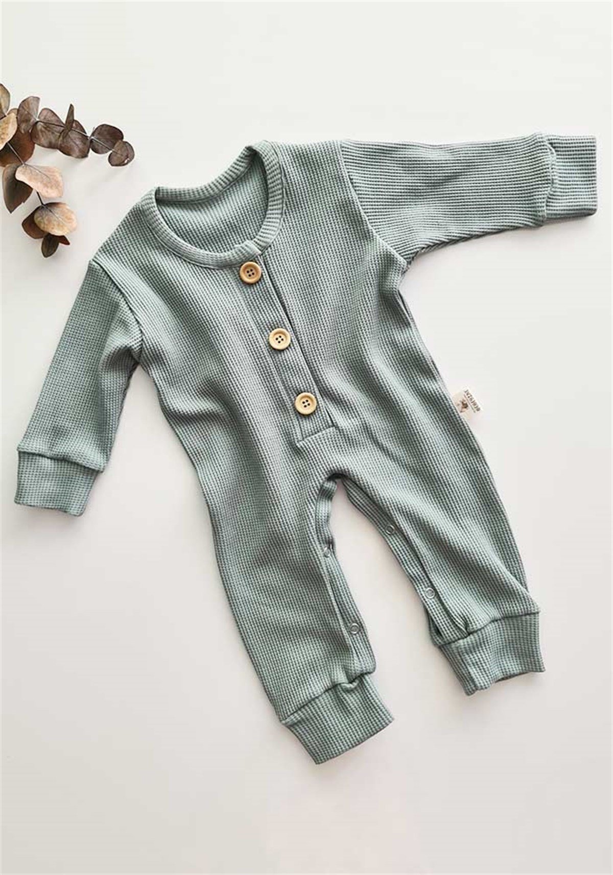 Küf Yeşili Renkli Waffle Unisex Bebek Düğmeli Tulum