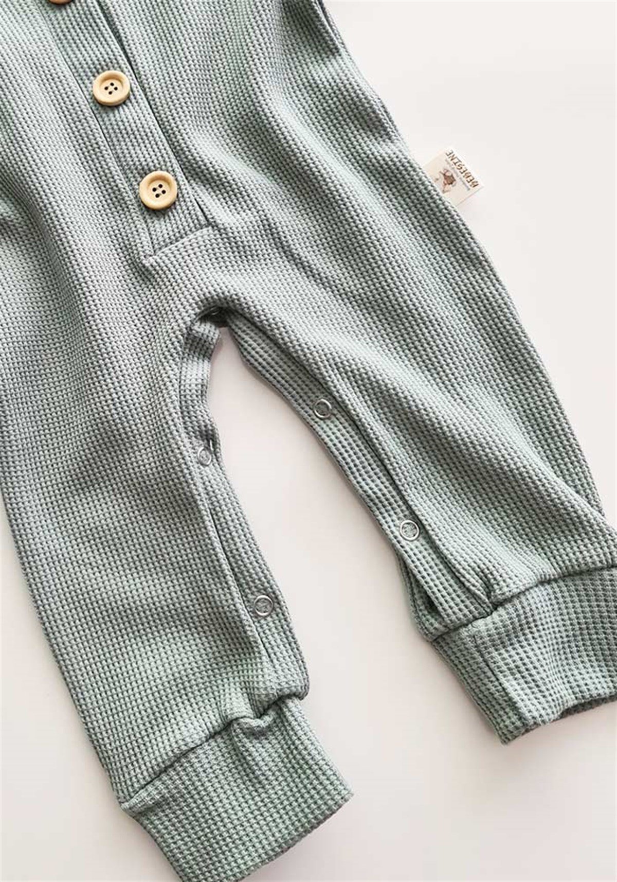 Küf Yeşili Renkli Waffle Unisex Bebek Düğmeli Tulum