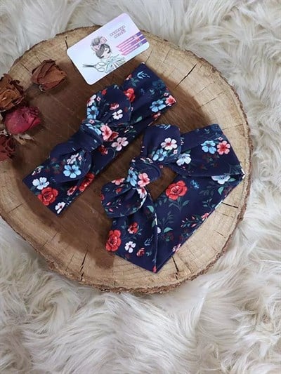 Lacivert Çiçek Desenli Tavşan Kulak Bandana
