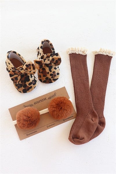 Leopar Desenli Fiyonklu Bebek Makosen Ayakkabı Özel Set