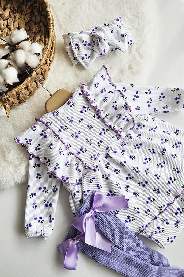 Lila Çiçek Desenli Rosa Romper Özel Set