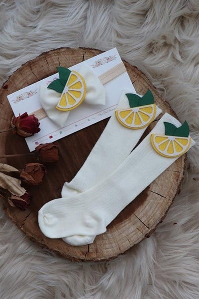 Limon Figürlü Krem Renkli Dizaltı Çorap ve Bant Takımı