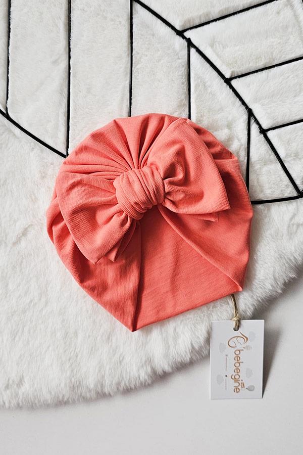 Mercan Renkli Kız Bebek Fiyonk Bone