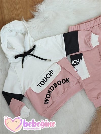 Pembe Beyaz Renkli Kapüşonlu Bebek Eşofman Takımı