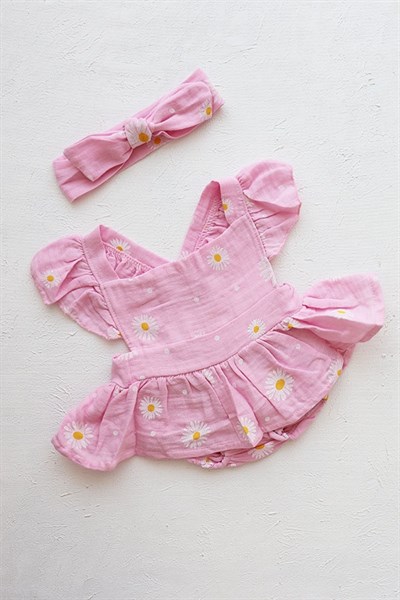 Pembe Renkli Papatya Desenli Bebek Müslin Romper Takımı