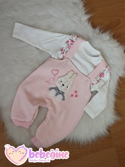 Pembe ve Somon Renkli Tavşan İşlemeli Bebek Salopet Takımı