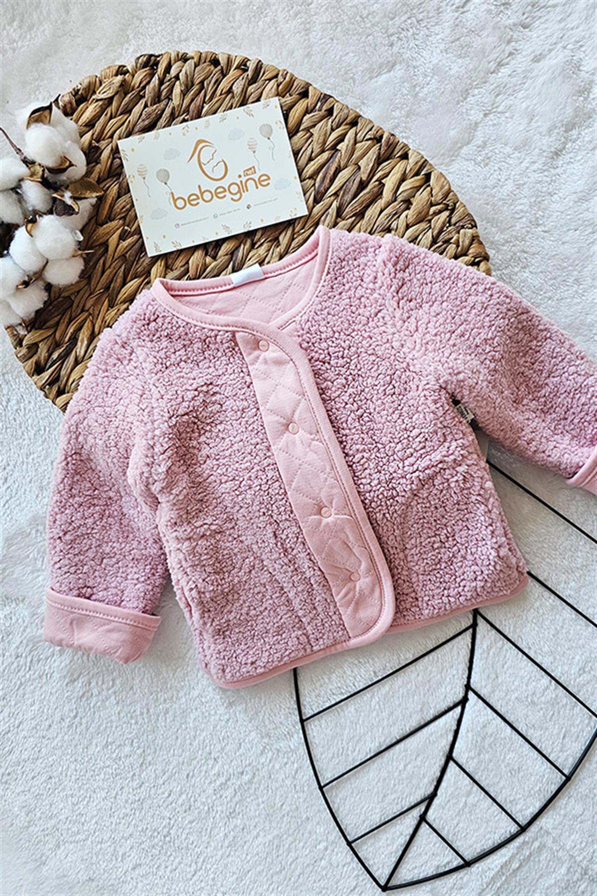 Pudra Ve Krem Renkli Teddy Kız Bebek Kışlık Ceket