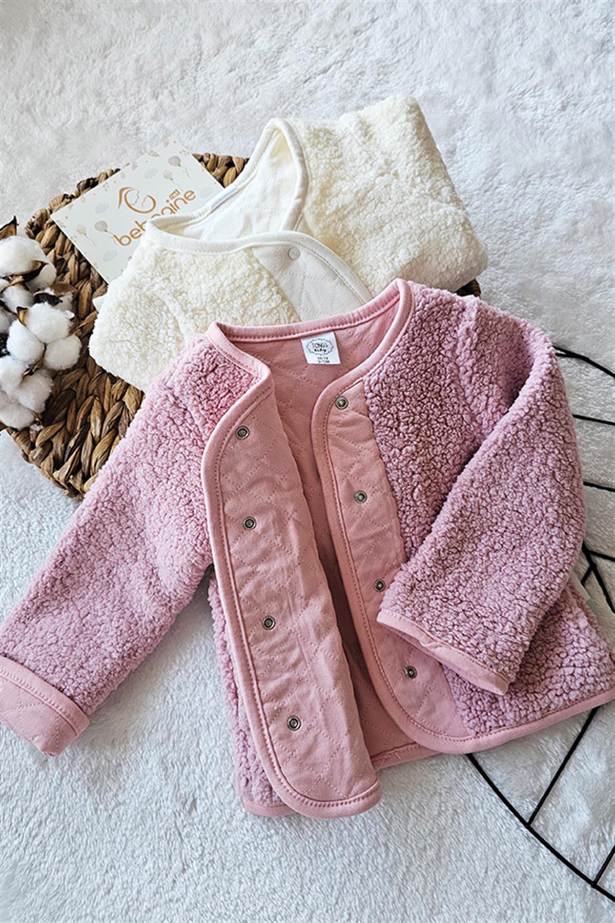 Pudra Ve Krem Renkli Teddy Kız Bebek Kışlık Ceket