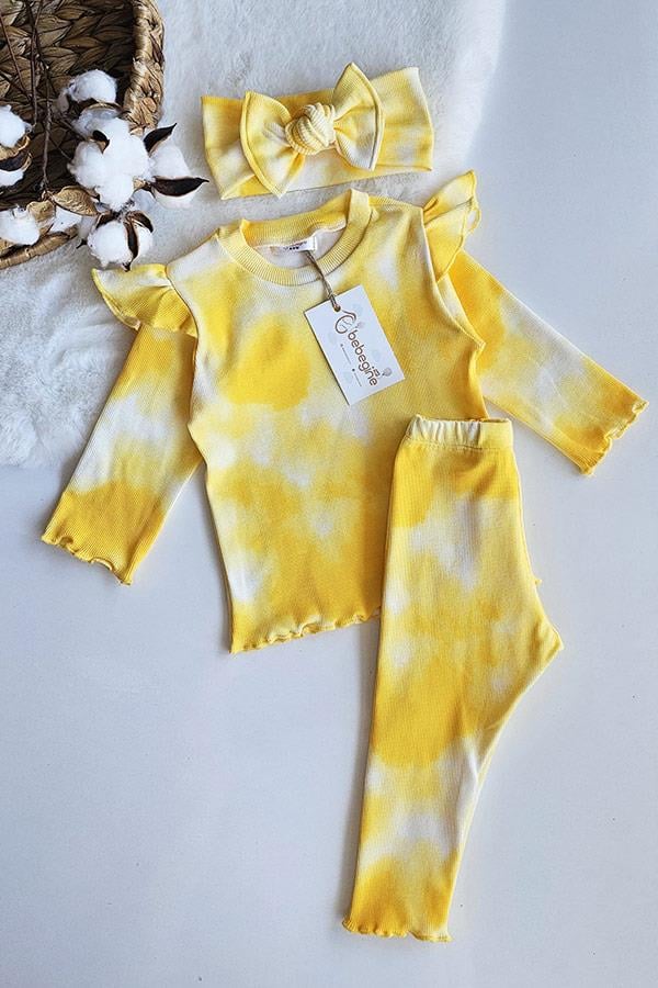 Sarı Renkli Batik Desen Bandanalı Ribana Taytlı Takım